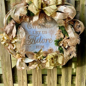 Religious Christmas Wreath For Front Door. Christmas  Wreath. Gold Christmas wreath. Porch Decor. Holiday Wreath.