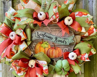Fall Pumpkin Wreath for Front Door, Orange Tan Deco Mesh