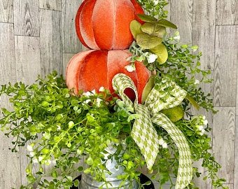 Fall Pumpkin Stack Centerpiece. Farmhouse Pumpkin centerpiece. Pumpkin Arrangement. Pumpkin tabletop decor. Pumpkin Candlestick centerpiece.