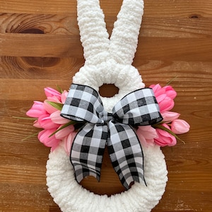 Bunny Wreath,Easter Bunny Wreath,Bunny Door Hanger,Easter Decoration,Front Door Decor,Buffalo Check,Buffalo Plaid Decor,Happy Easter, Tulips