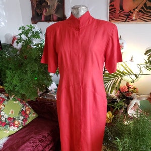 1980s does 1940s Bladerunner red heavy linen &quot;Albert Nipon&quot; dress