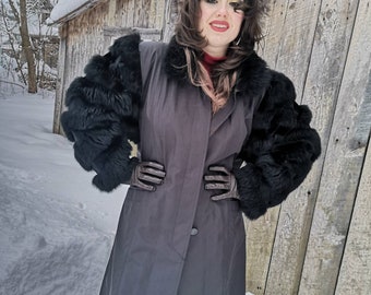 1980s batwing black possum fur sleeve statement trench coat