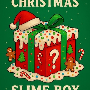 Op de afbeelding: Een feestelijke illustratie met een rode geschenkdoos versierd met een groene strik en een kerstmuts. De doos is versierd met peperkoekmannetjes, zuurstokken en een vraagteken. Tekst: "MYSTERY CHRISTMAS SLIME BOX".