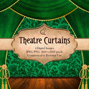 Green Theatre Curtains, Stage Curtains, Backgrounds, Backdrops, Theatre, Cinema, Digital Paper, Velvet Curtains