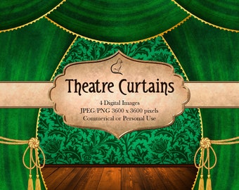 Green Theatre Curtains, Stage Curtains, Backgrounds, Backdrops, Theatre, Cinema, Digital Paper, Velvet Curtains