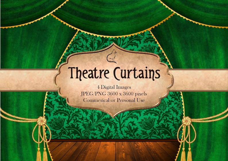 Green Theatre Curtains, Stage Curtains, Backgrounds, Backdrops, Theatre, Cinema, Digital Paper, Velvet Curtains image 1