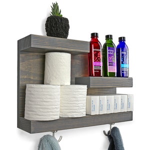 17" Bathroom Shelf with Hooks, Storage Organization Shelves Over Toilet, Modern Rustic Floating Wall Shelf, Farmhouse Decor, Towel Hooks