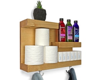17" Guest Room Bathroom Wall Shelf with Towel Hooks, Modern Farmhouse Bathroom Shelves, Rustic Medicine Cabinet, Floating Shelf
