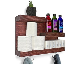 17" Bathroom Storage Shelves with Towel Hooks, Kids Room Floating Shelf, Farmhouse Decor Playroom Shelf, Open Shelf Bathroom Wall Cabinet