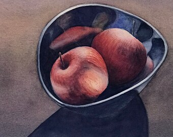 Original framed watercolor painting apples in nambe bowl