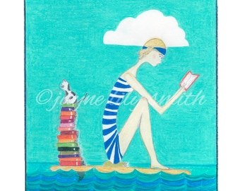 Voracious Reader Gift, Writer Gift, Librarian Gift, Book Lover Gift, Beach Lover, Surf Reading Girl, Book Nook Print, Book Themed, Surf Cat