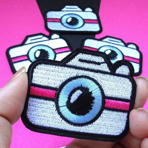 Iron on embroidery camera patch, photo camera bag patches, custom gift patches for photographer denim jacket, film camera strap patch