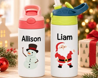 Vaso navideño personalizado para niños: botella de agua navideña de acero inoxidable de 12 oz y 16 oz para niños.