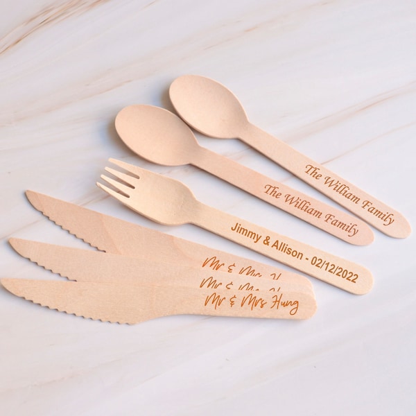 Lot of custom engraved wooden utensils, disposable cutlery for party decor, personalized wooden spoon knife & fork for birthdays, wedding
