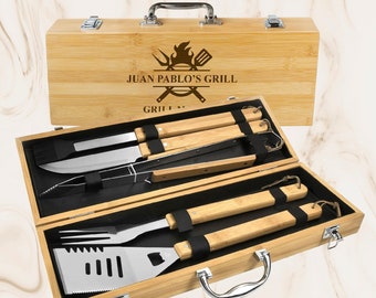 Custom engraved bbq grill box, personalized BBQ 5 tools grill master set, father's day gift, outdoor cooking men grilling gifts for barbecue