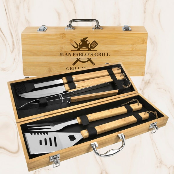 Custom engraved bbq grill box, personalized BBQ 5 tools grill master set, father's day gift, outdoor cooking men grilling gifts for barbecue