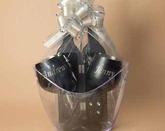 Custom wine goblets & accessories gift basket, engraved personalized first home present for realtor clients, housewarming newlyweds gift box