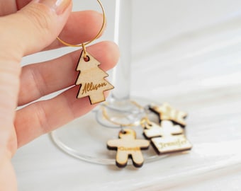 Personalized Christmas Wine Charms: Custom Wooden Glass Tag Set