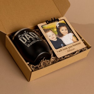 Caja de regalo personalizada para el Día del Padre, vaso de vino personalizado grabado e imán de nevera con foto personalizada para papá, regalo del Día del Padre de mi esposa.