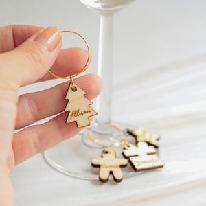 Personalized Christmas Wine Charms: Custom Wooden Glass Tag Set