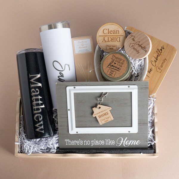 Custom realtor closing gift basket engraved personalized first home box for clients, housewarming gift, real state present, our first home