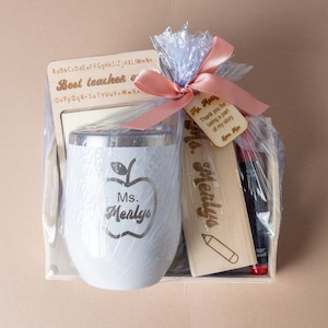 Custom Teacher Gift Box Engraved, Personalized Thank You Teacher Notepad Tumbler & Eraser Appreciation Week Basket End Of The Year Gift