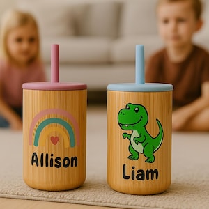 Custom Sippy Cup With Straw For Toddlers, Personalized Name Printed Eco Friendly Bamboo & Silicone Non-Spill Cup, Reusable Cup For Babies