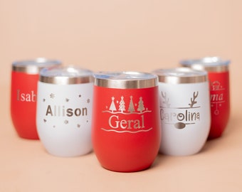 Christmas Personalized Wine Tumbler With Lid, Custom Engraved Holiday 12oz Tumblers, Insulated Beverage Cup, Group Xmas Dinner Tumblers Gift