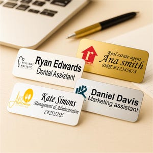 Personalized Metal Look Name Tag: Custom Acrylic ID Badge, Pin or Magnetic