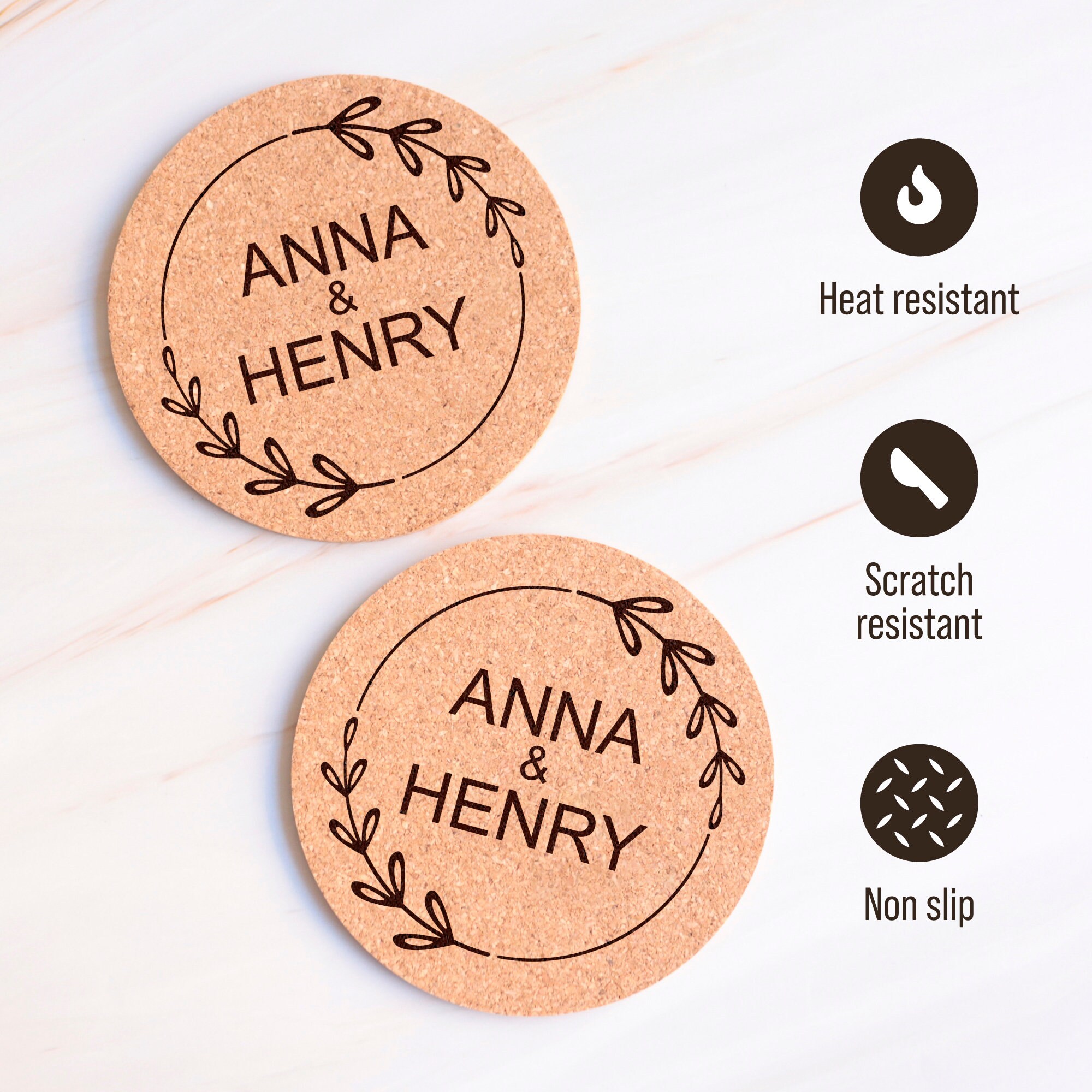 Personalisierte Korkuntersetzer – Rund, 10,2 Cm, Mit Lasergravur | Für Hochzeiten, Partys & Als Gastgeschenk