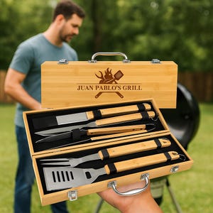 Custom Engraved BBQ Grill Box, Personalized BBQ 5 Tools Grill Master Set, Father's Day Gift, Outdoor Cooking Men Grilling Gifts for Barbecue