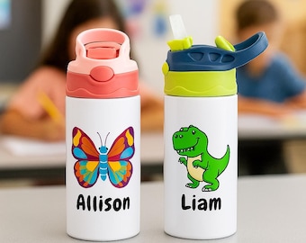 Vaso de agua personalizado para niños: botella escolar de acero inoxidable con aislamiento de 12 oz