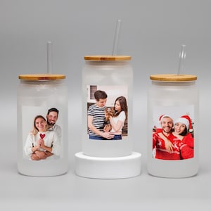 Custom Photo Frosted Glass Can Cup with Lid & Straw | Personalized 16oz Glass Tumbler | Custom Picture Drinkware Gift