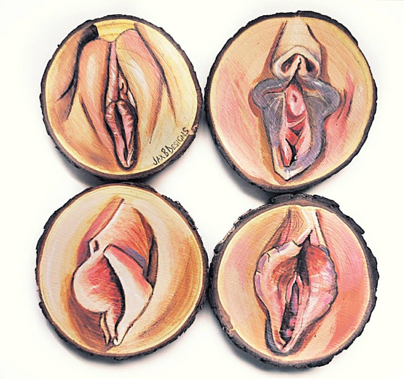 4 Set Vagina Coasters / Vulva Print Wood Coasters / Drinks image 1