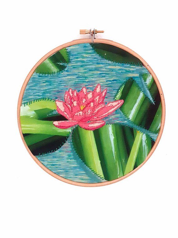Water Lily Embroidery / Mixed Media Embroidery Hoop / Lilypads Etsy