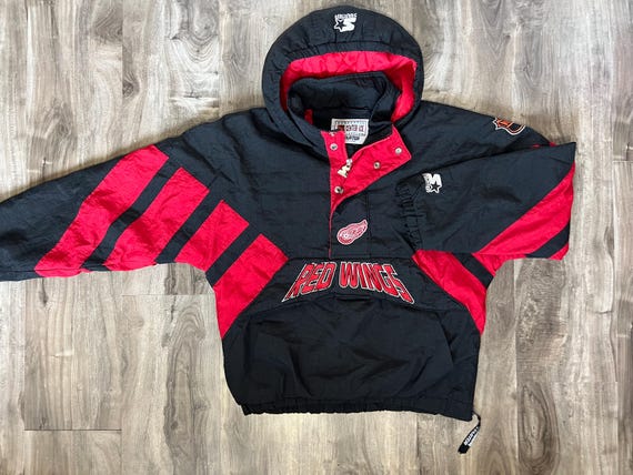 ウォームアップウェア 90s NHL RED WINGS nylon pullover jacket Vtg 90s Detroit Red Wings NHL Red Starter Jacket Half-Zip