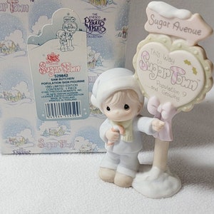 Precious Moments Sugar Town Sam Butcher with Population Sign, Brand New, Never Used