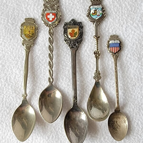 5 Vintage International Souvenir Spoons, Switzerland, Germany, Canada, USA etc.