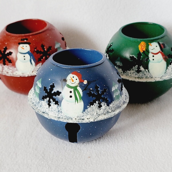 3 Large Christmas Jingle Bell Tea Light Candle Holders, Hand Painted