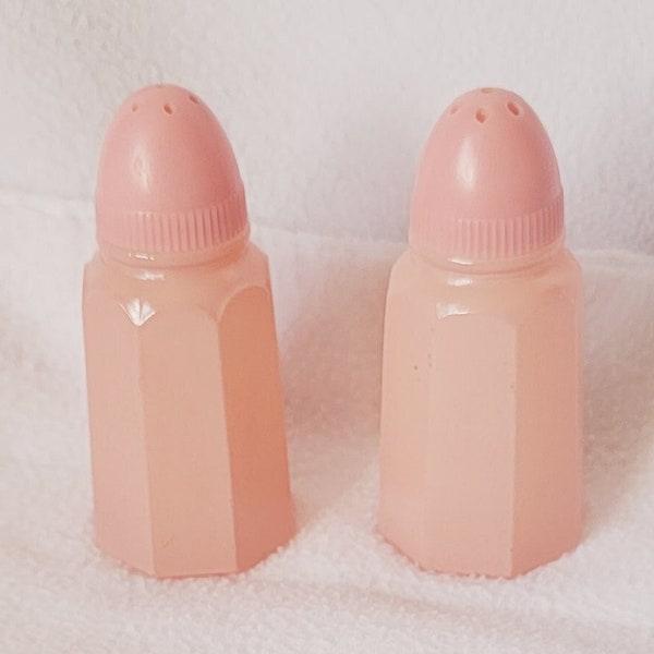 Vintage Hazel Atlas Pink GLASS Salt and Pepper Shakers with Original Lids, EXCELLENT