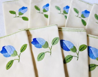 12 Antique Hand Stitched Blue Floral Fabric Napkins, EXCELLENT