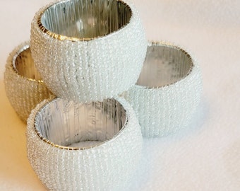 Set of 4, Christmas Elegant White Glass Beaded Napkin Rings, NEW