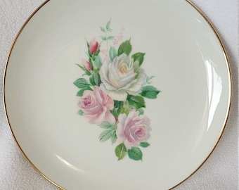 8" Pink & White Roses Porcelain Plate with 22 kt. Gold Rim, Signed on Back, MINT Condition