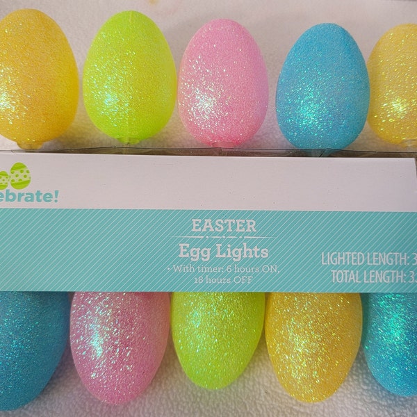 10 Extra Large Easter LED Glittery Egg String Lights, NEW, Battery Operated with Timer, NEW