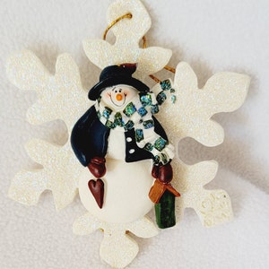 Snowman on Snowflake Primitive Farmhouse Christmas Ornament, Hand Made, NEW
