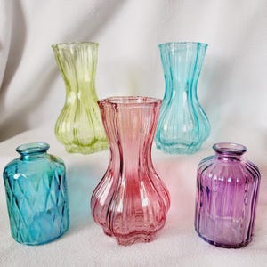 May include: Five colorful glass vases in shades of blue, green, pink, and purple. The vases have unique shapes and textures, with ribbed and geometric designs. Perfect for displaying small flowers or as decorative accents.