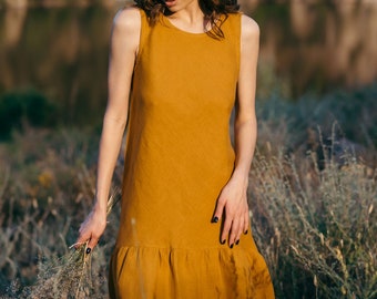 Summer Dress - Linen Dress - Basic Dress - Yellow Dress - Linen Boho Dress - Natural Linen Clothing - Tank Dress - Casual Dress Flowy Skirt