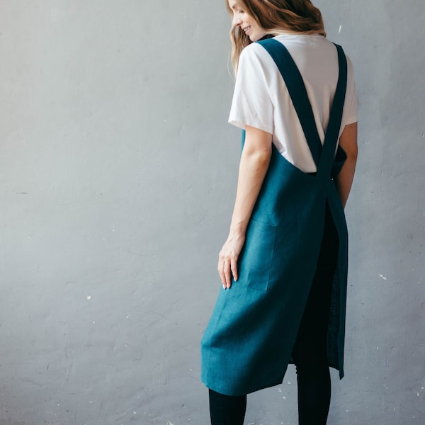 Cross Back Pinafore Apron - Women's Linen Crossover Apron - Kid's Pinafore - Florist Apron - Japanese Apron for Artist - Choice of Colours