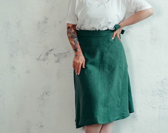 Linen Wrap Skirt - A Line Wrap Around Skirt - High Waisted Skater Skirt - Midi Length Boho Skirt - Plus Size Linen Clothing