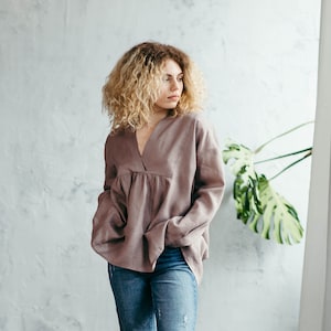 Loose Linen Shirt Casual Linen Shirt Long Sleeve Summer Top Linen Blouses for Women Linen Summer Top Peplum Top image 1